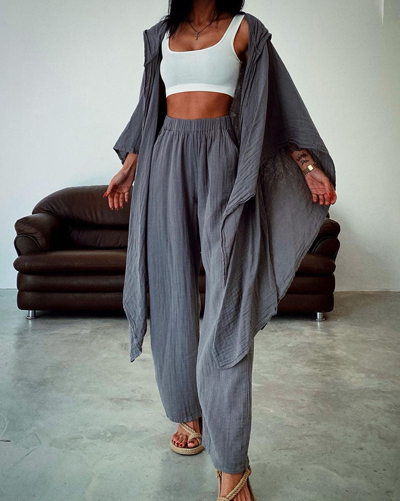 Linen Hooded Cardigan And Trousers Set