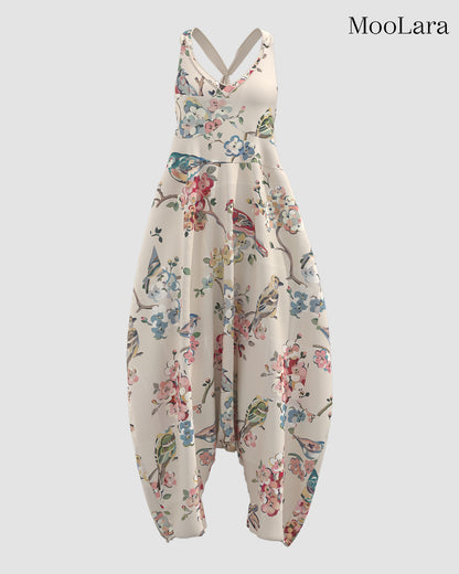 Women's Magpie Peach Blossom Print Sleeveless Jumpsuit Harem Pants