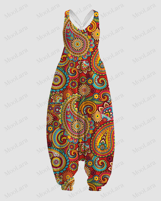 Women's Western Boho Art Print Sleeveless Jumpsuit Harem Pants