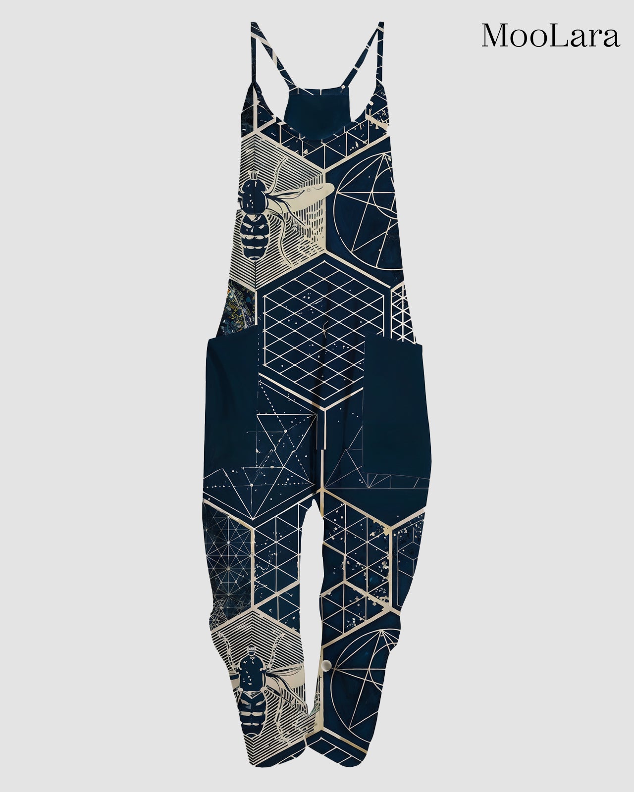 Casual geometric pattern print navy blue comfortable pocket jumpsuit