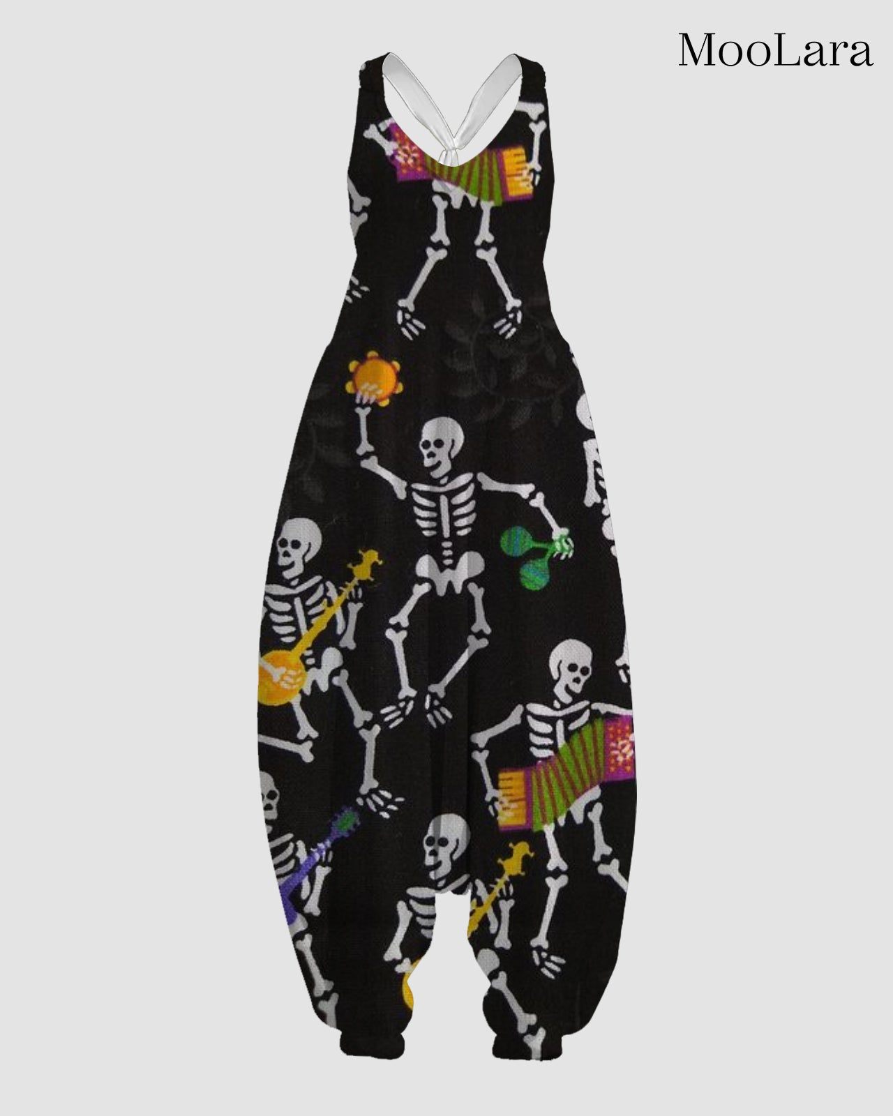 Women's Spooky Musical Skeletons Print Sleeveless Jumpsuit Harem Pants