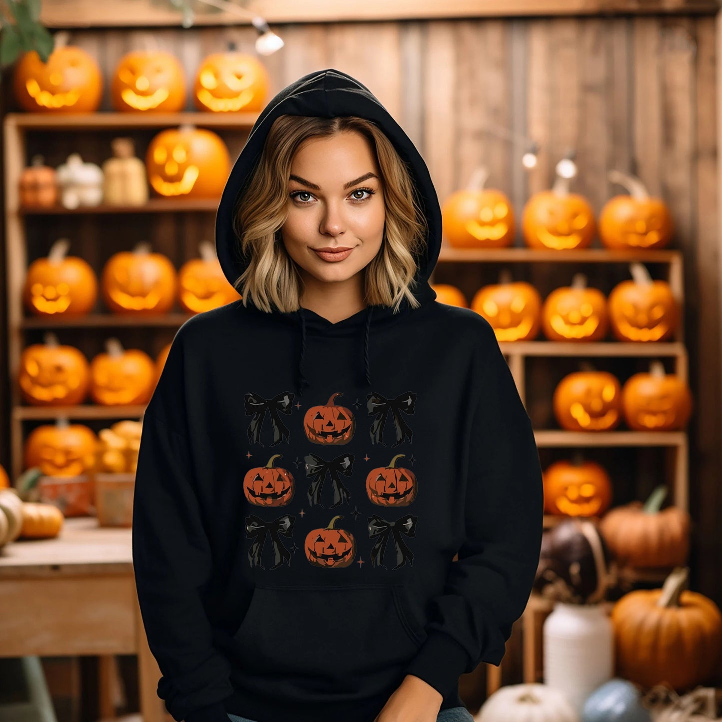 Women's Pumpkin and Bow Print Hoodie