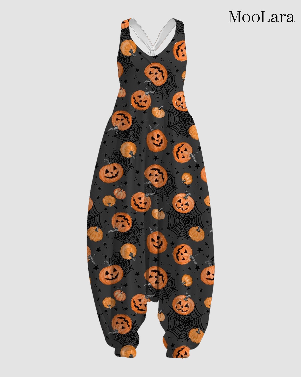 Women's Smiling Pumpkin & Spider Web Print Sleeveless Jumpsuit Harem Pants