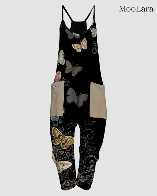 Casual Cute Butterfly Print Pocket Jumpsuit