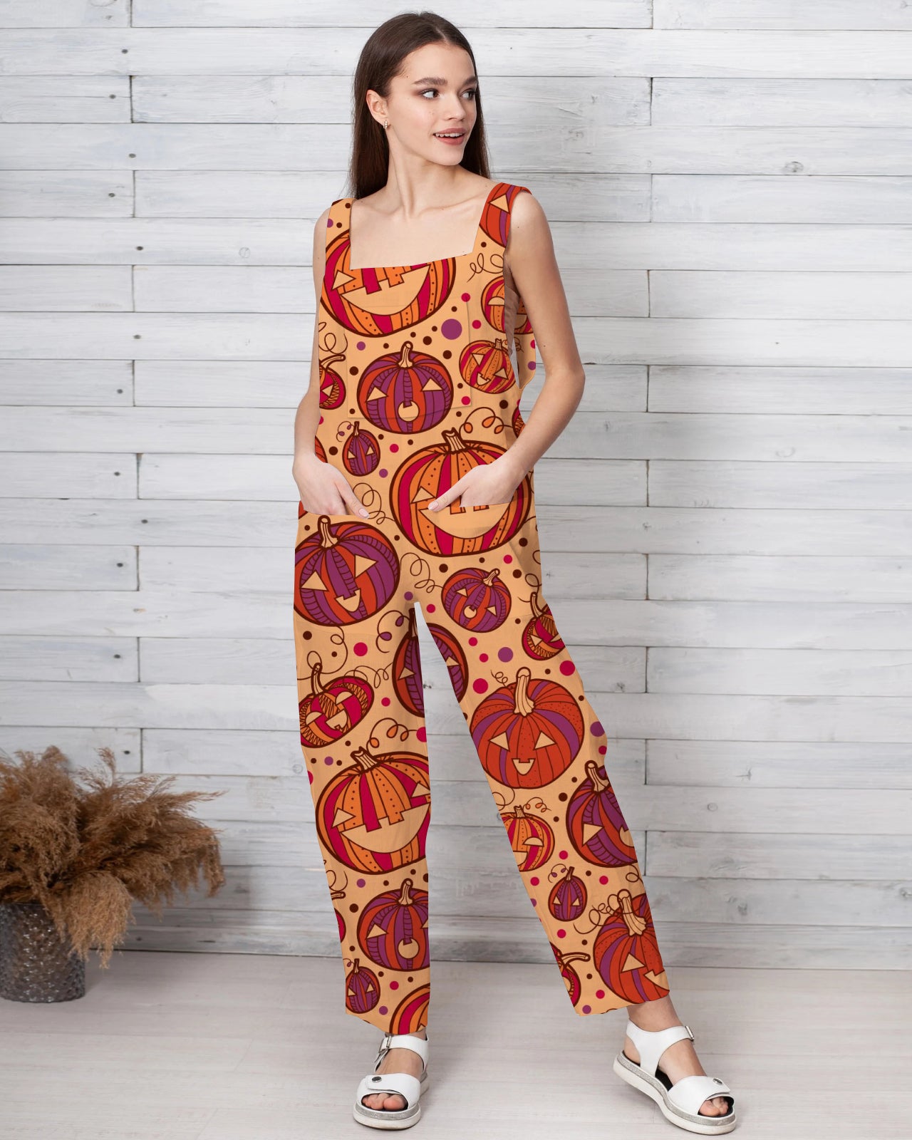 Women's Happy Pumpkin Print Loose Cotton and Linen Jumpsuit