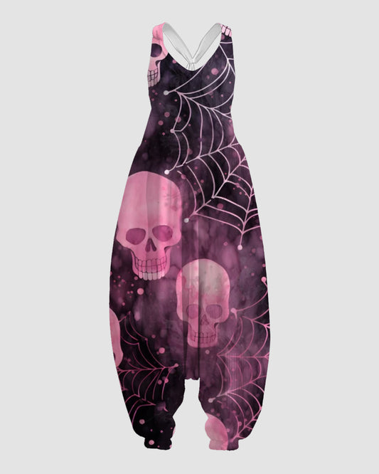 Women's Pink Spider Web Print Sleeveless Jumpsuit Harem Pants