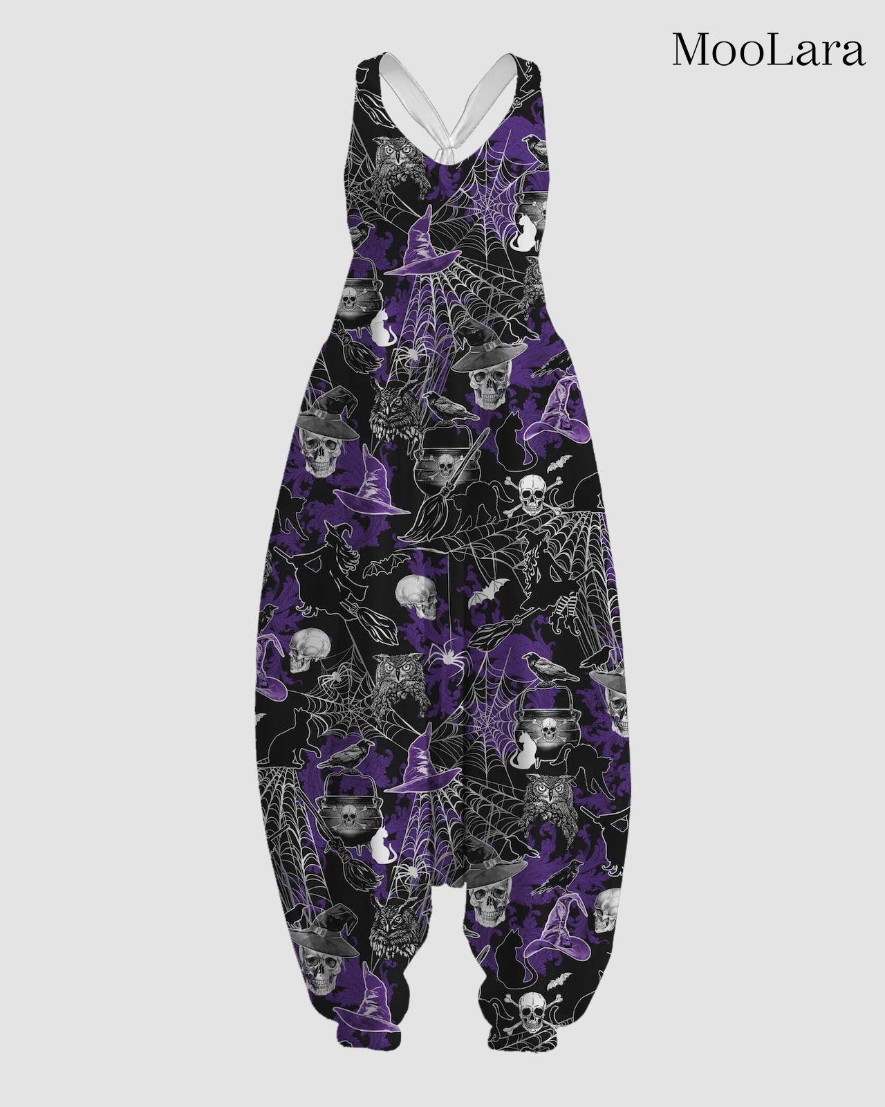 Women's Halloween Cat Hat Skull Bird Broom Print Sleeveless Jumpsuit Harem Pants