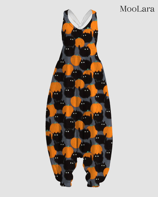 Women's Black Cat & Pumpkin Print Sleeveless Jumpsuit Harem Pants