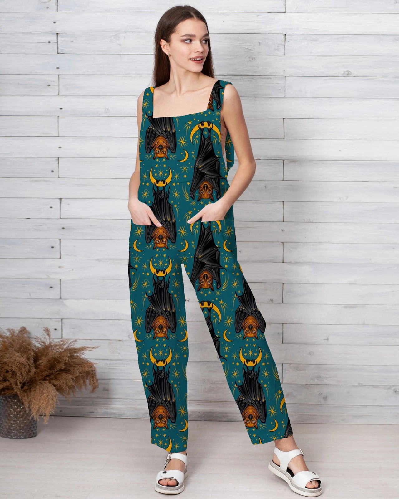 Women's Bat Dog Print Loose Cotton and Linen Jumpsuit