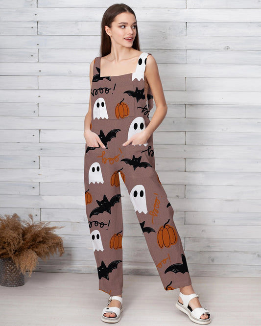 Women's Boo Bat with Ghost Print Loose Cotton and Linen Jumpsuit