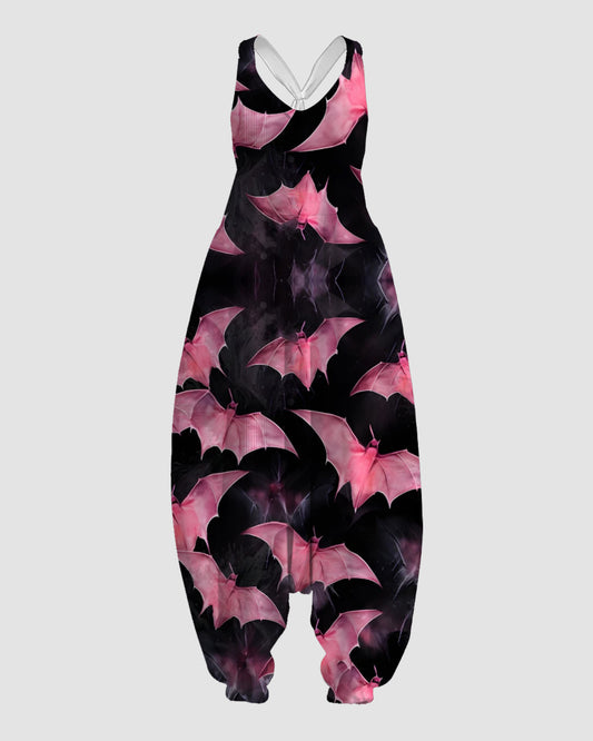 Women's Pink Bat Print Sleeveless Jumpsuit Harem Pants