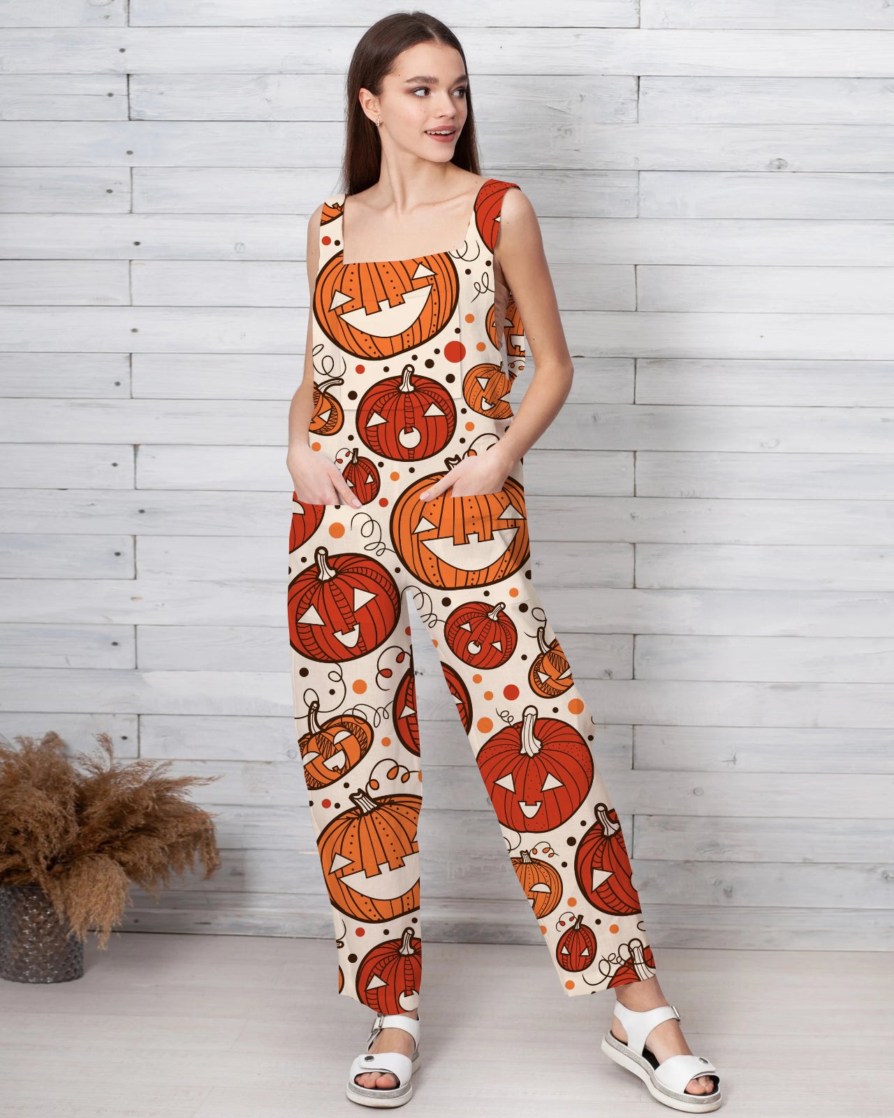 Women's Happy Pumpkin Print Loose Cotton and Linen Jumpsuit