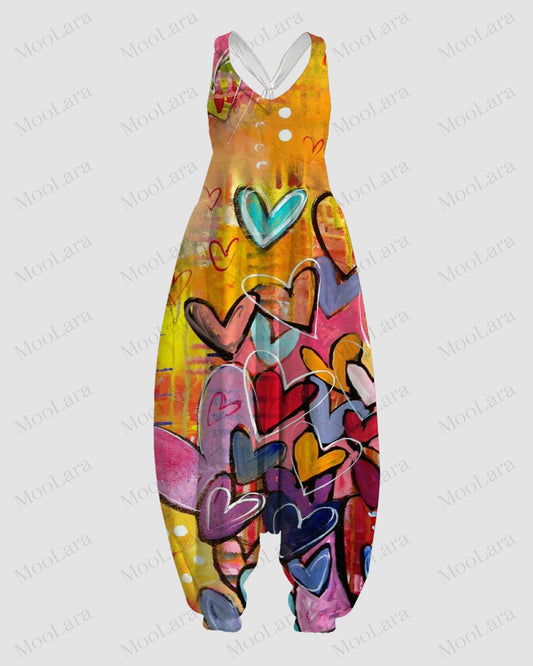 Women's Heart-Shaped Gradient Tie-Dye Print Sleeveless Jumpsuit Harem Pants