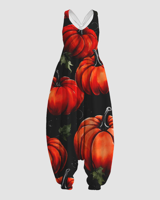 Women's Red Pumpkin Print Sleeveless Jumpsuit Harem Pants