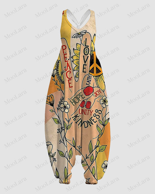 Women's Peace And Love Art Print Sleeveless Jumpsuit Harem Pants