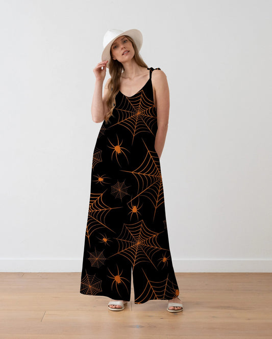 Women's Orange Spider Web Print Loose Fit Cotton and Linen Jumpsuit