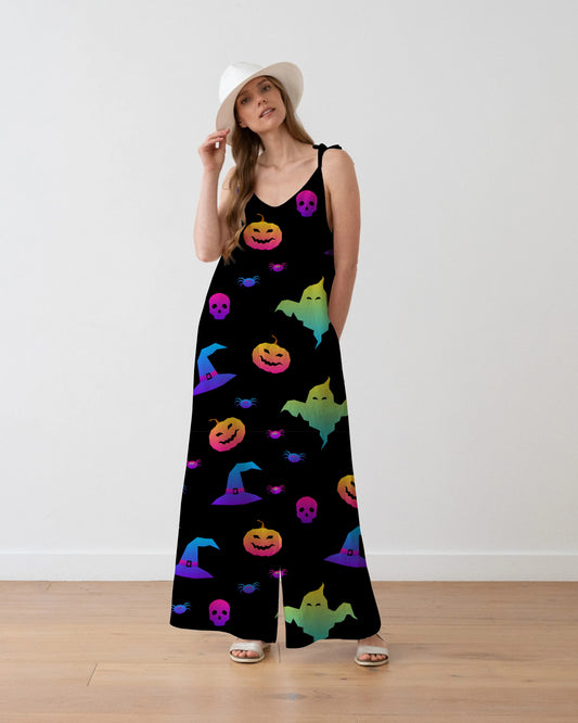 Women's Colorful Halloween Print Loose Fit Cotton and Linen Jumpsuit