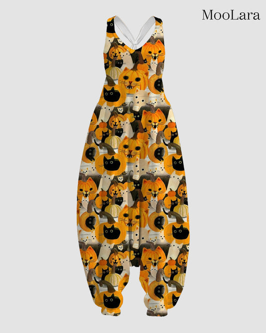 Women's Pumpkin Cat Print Sleeveless Jumpsuit Harem Pants