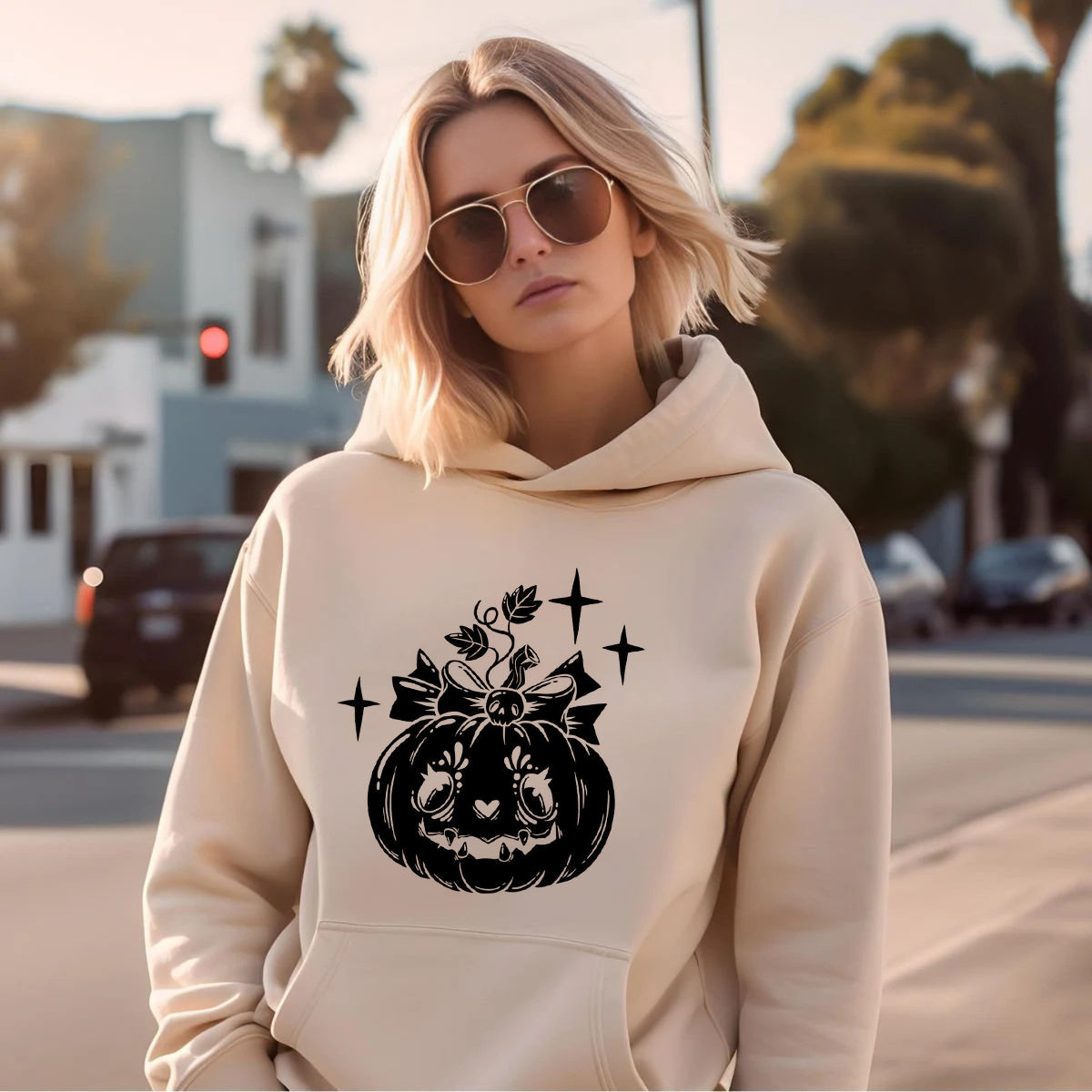 Women's Smiling Pumpkin Print Hoodie