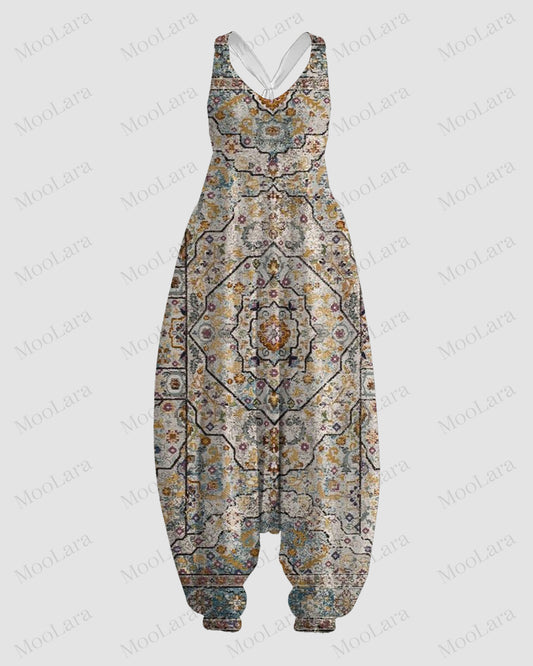 Women's Retro Boho Flower Print Sleeveless Jumpsuit Harem Pants