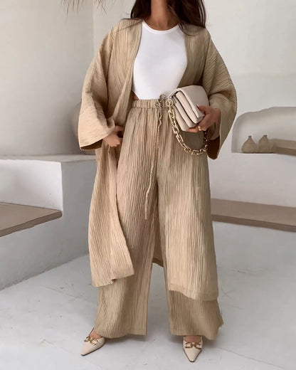 Pleated Textured Top And Casual Wide-leg Trousers Set