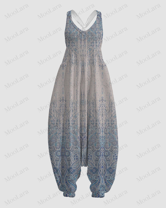 Women's Vintage Ethnic Print Sleeveless Jumpsuit Harem Pants