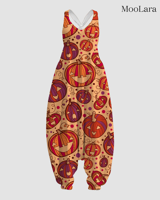 Women's Happy Pumpkin Print Sleeveless Jumpsuit Harem Pants