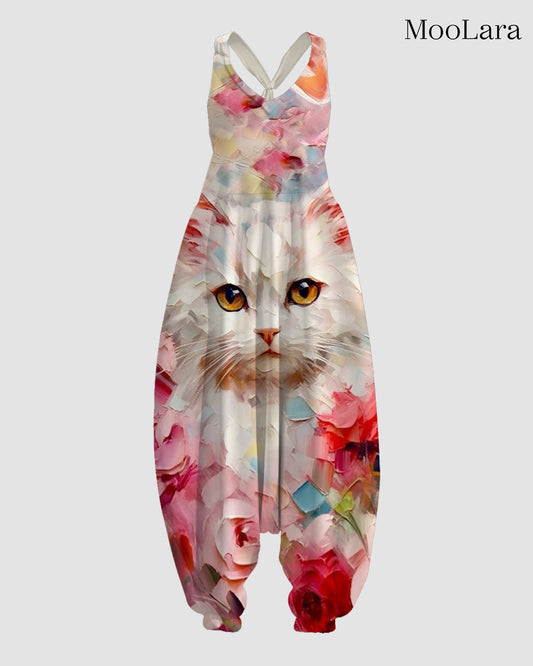 Women's Kitten Print Sleeveless Jumpsuit Harem Pants