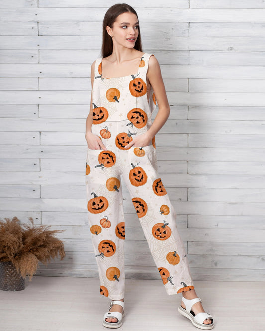 Women's Smiling Pumpkin & Spider Web Print Loose Cotton and Linen Jumpsuit