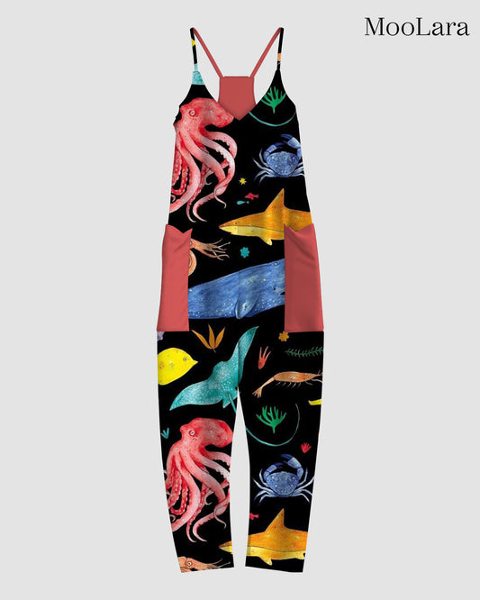 Women's Marine Animals Print Sleeveless Jumpsuit