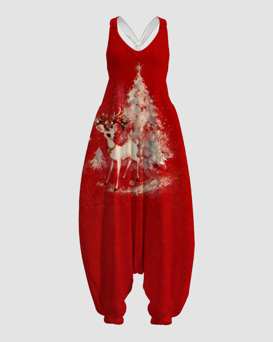 Women's Christmas Tree & Elk Print Sleeveless Jumpsuit Harem Pants