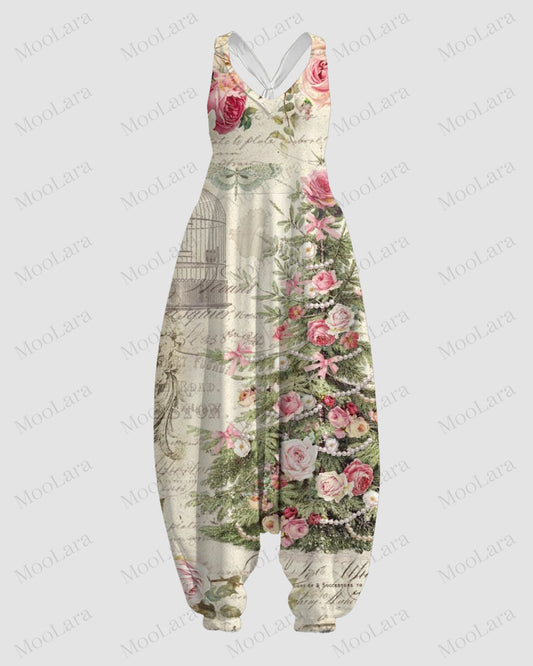 Women's Christmas Floral Pattern Print Sleeveless Jumpsuit Harem Pants