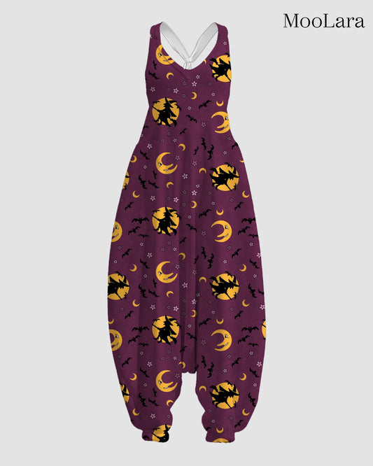 Women's Witch & Bat Print Sleeveless Jumpsuit Harem Pants