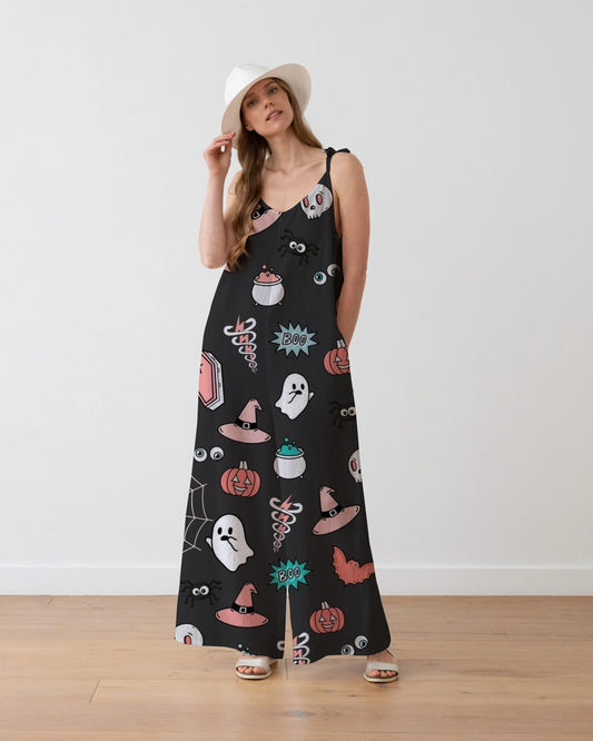 Women's Cute Halloween Pattern Print Loose Fit Cotton and Linen Jumpsuit