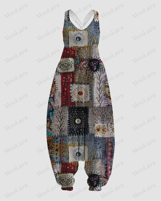 Women's Retro Hippie Patchwork Art Print Sleeveless Jumpsuit Harem Pants