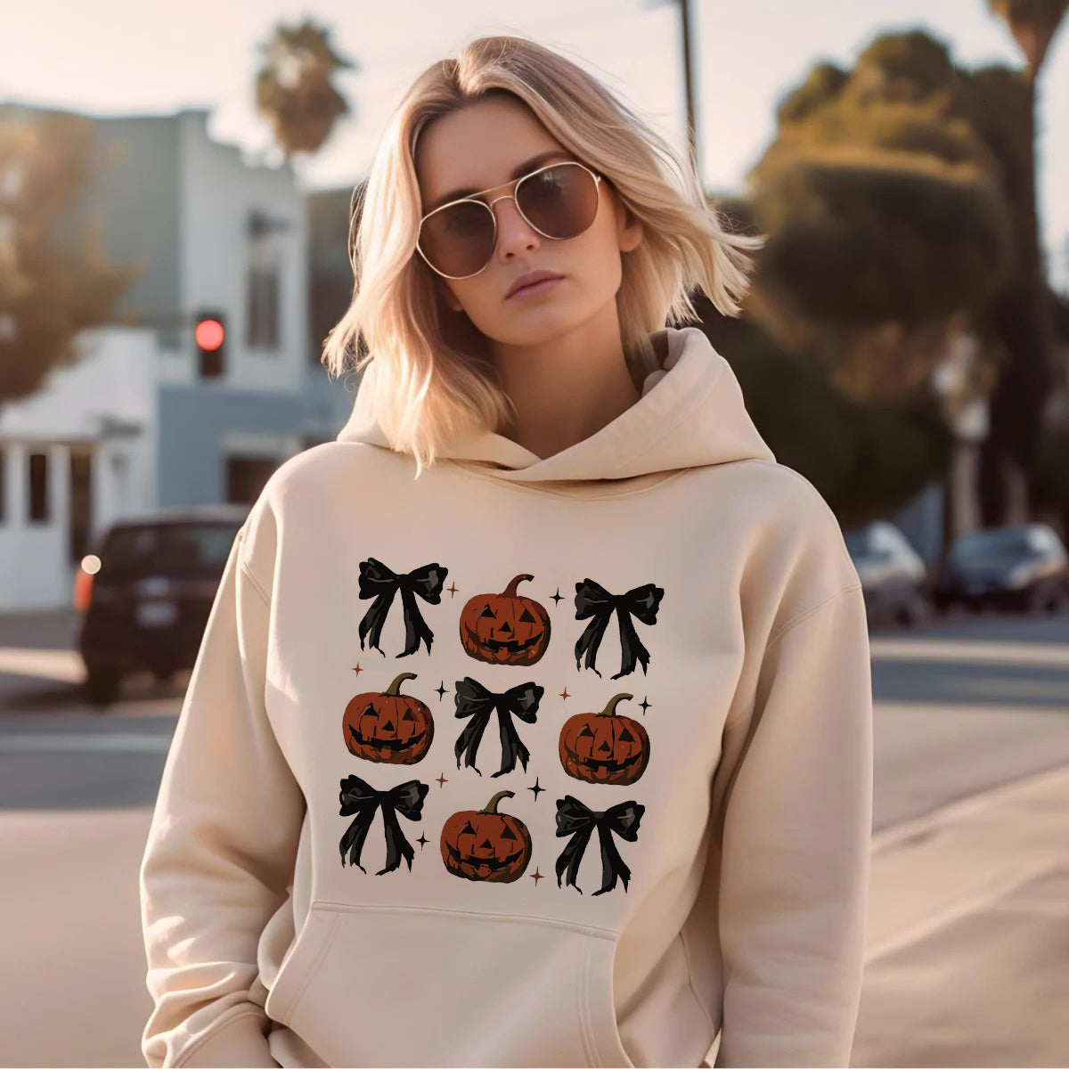 Women's Pumpkin and Bow Print Hoodie