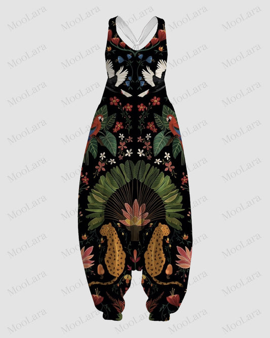 Women's Parrot & Leopard Print Sleeveless Jumpsuit Harem Pants