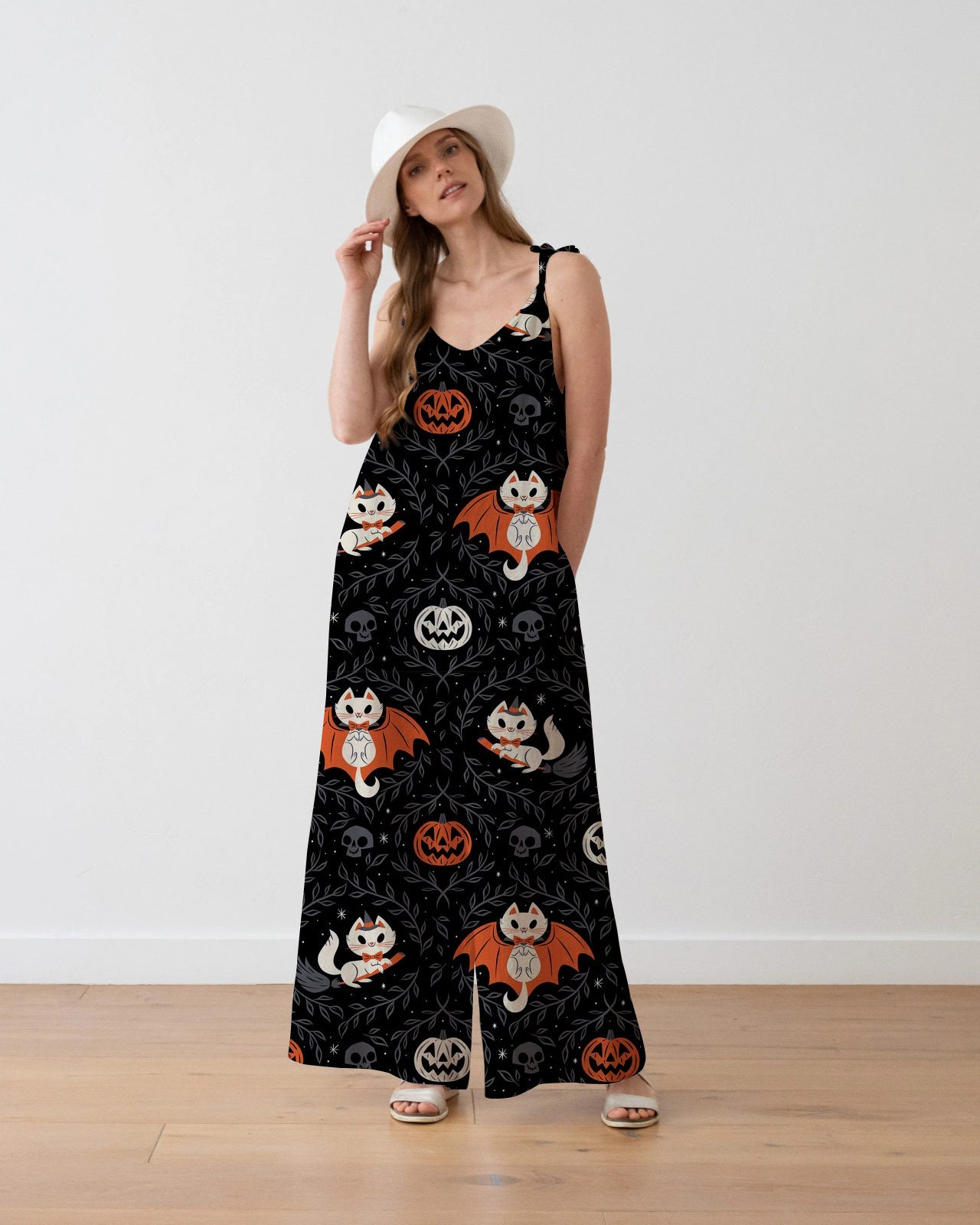 Women's Fox & Bat Print Loose Fit Cotton and Linen Jumpsuit