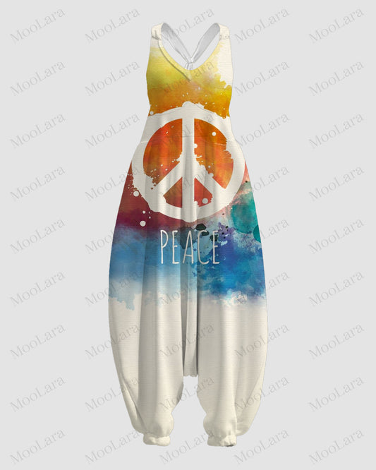 Women's Peace And Love Art Print Sleeveless Jumpsuit Harem Pants