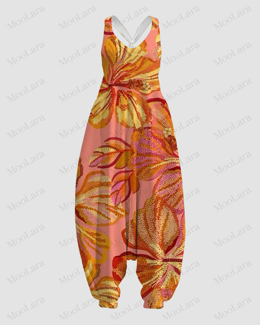 Women's Floral Seamless Pattern Print Sleeveless Jumpsuit Harem Pants