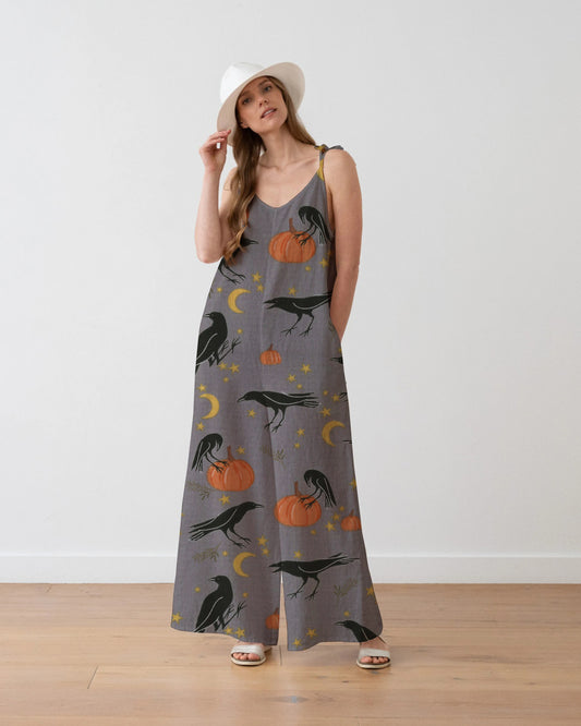 Women's Crow & Pumpkin Print Loose Fit Cotton and Linen Jumpsuit