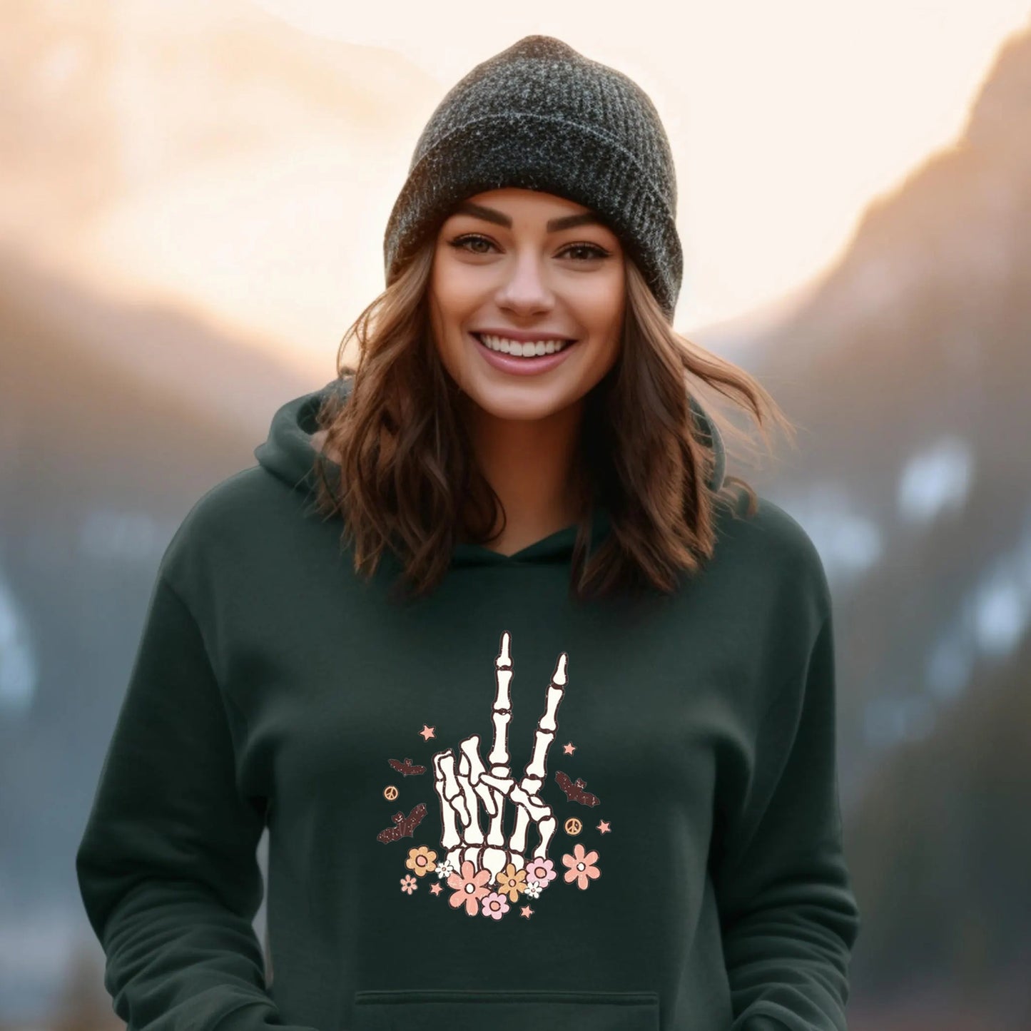 Women's Skeleton Hand with Flowers Print Hoodie