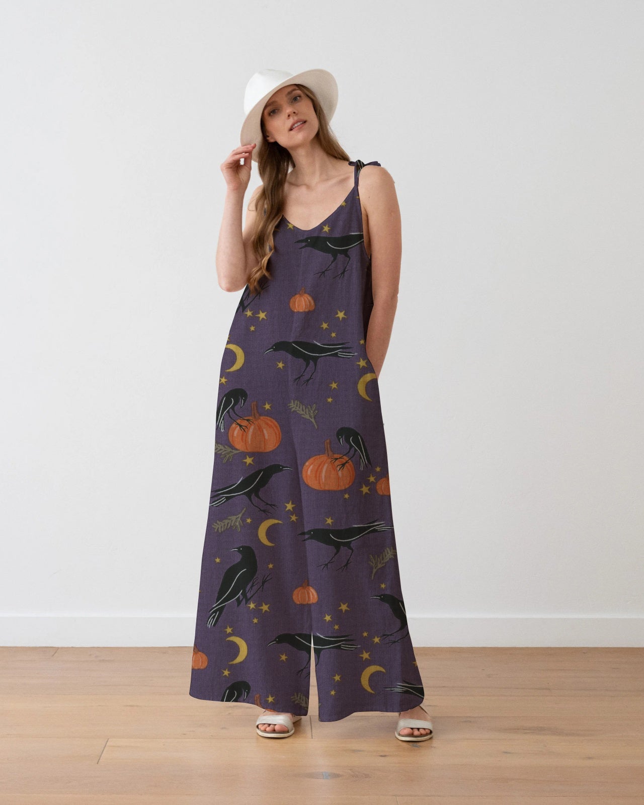 Women's Crow & Pumpkin Print Loose Fit Cotton and Linen Jumpsuit