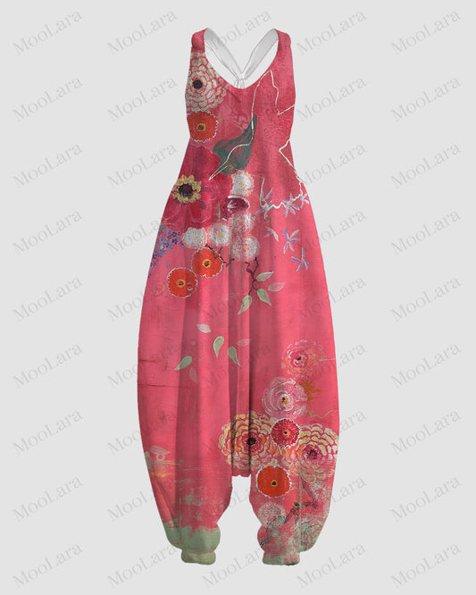 Women's Vintage Pink Floral Print Sleeveless Jumpsuit Harem Pants