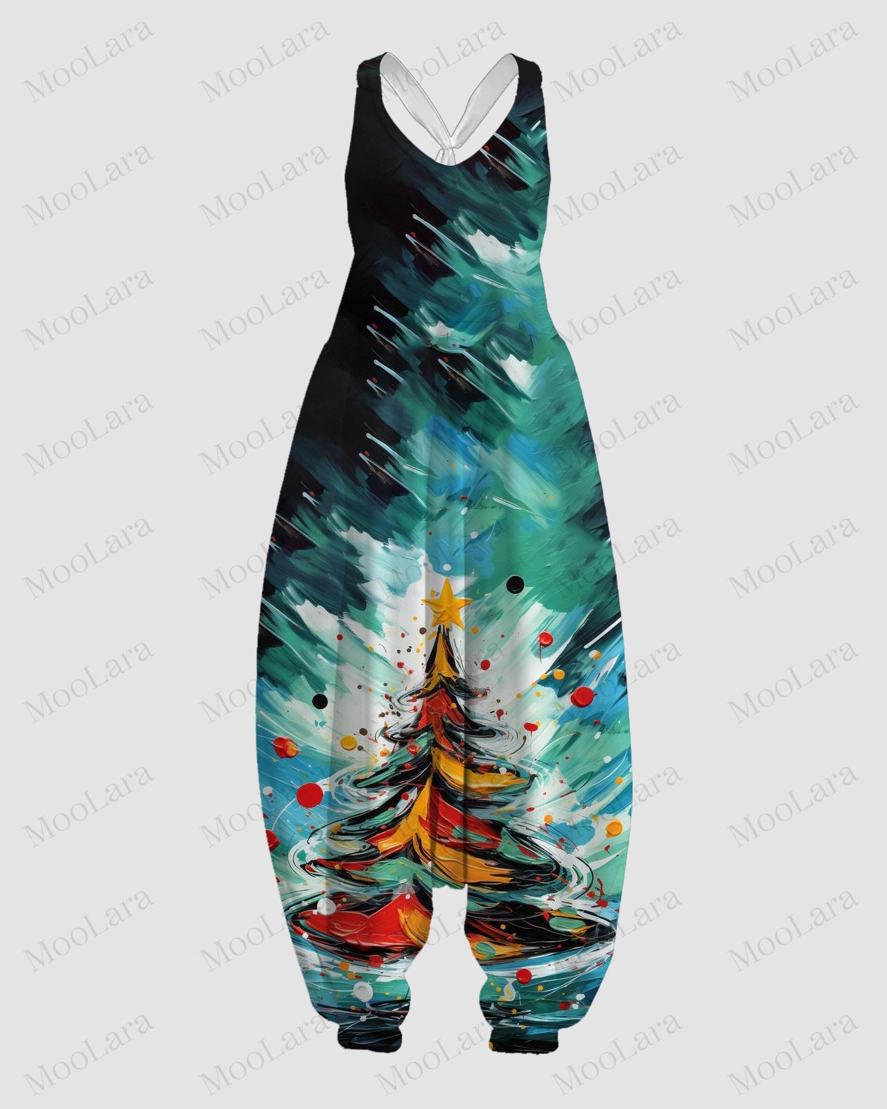 Women's Oil Painting Christmas Tree Print Sleeveless Jumpsuit Harem Pants