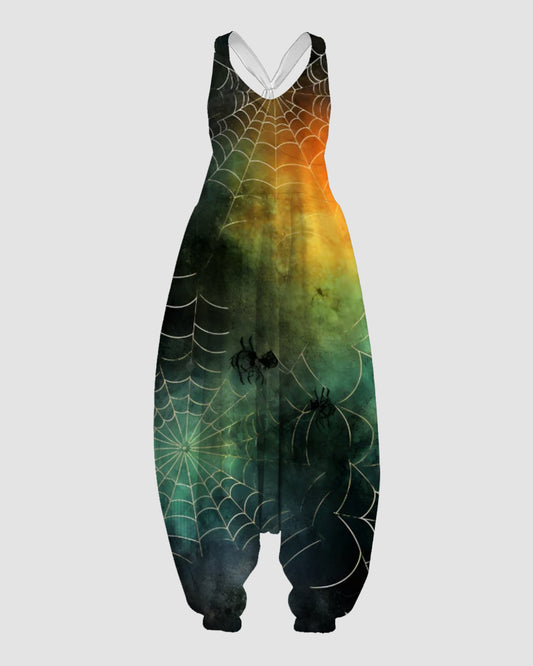 Women's Green Spider Web Print Sleeveless Jumpsuit Harem Pants