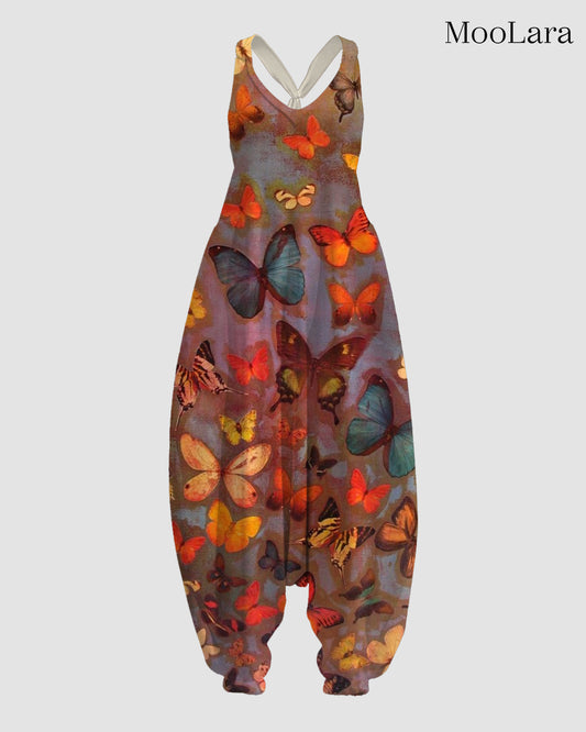 Women's Butterfly Print Sleeveless Jumpsuit Harem Pants