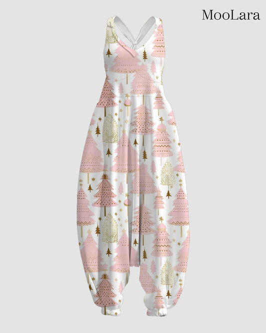 Women's Pink Christmas Tree Print Sleeveless Jumpsuit Harem Pants