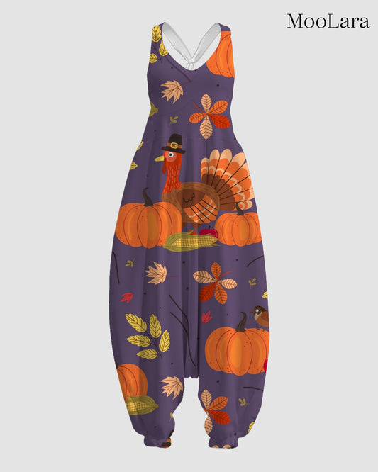 Women's Turkey and Pumpkin Print Sleeveless Jumpsuit Harem Pants