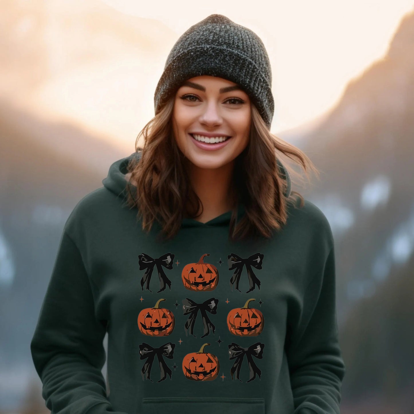 Women's Pumpkin and Bow Print Hoodie